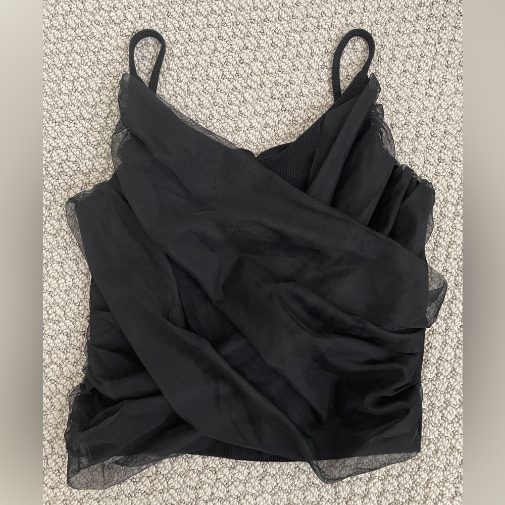 Black Tank Top with Mesh Ruffled Front